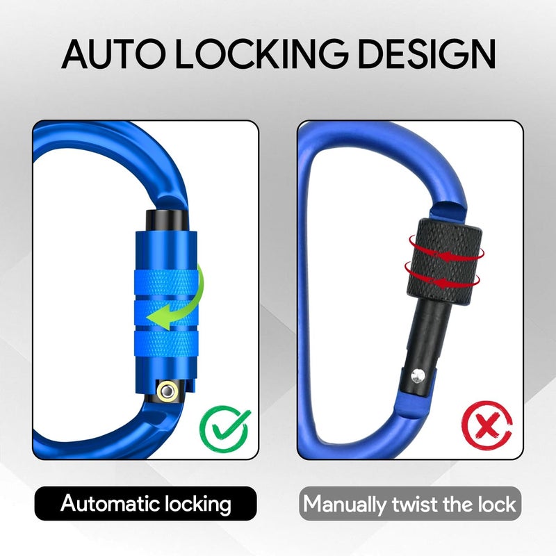 FVW CE Certified Auto Locking Climbing Carabiners, Professional 25KN (5620 lbs) Heavy Duty Caribeaners for Rappelling Swing Rescue & Gym etc, Large D-Shaped Carabiners - Image 4